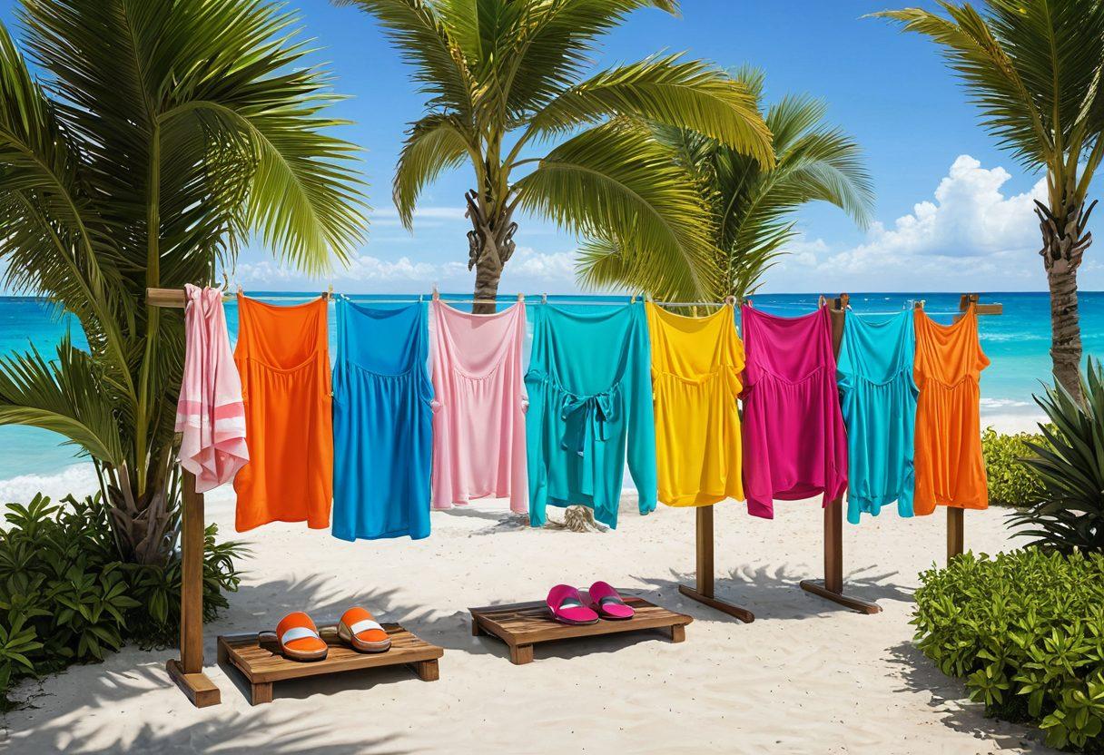 A stylish swimwear rack showcasing an array of colorful swimsuits, arranged neatly with tropical plants surrounding it, reflecting a chic beach vibe. Include a sun hat and flip-flops artfully placed on the rack, with a beach towel draped over one side. The background features a bright, sunny beach scene with turquoise water. super-realistic. vibrant colors. beach theme.