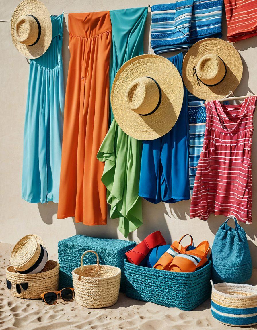 A beautifully organized beachwear display featuring colorful swimwear folded neatly in vibrant baskets, paired with stylish beach accessories like sunglasses, hats, and towels arranged artfully around them. The scene is set against a sunny beach backdrop, with a soft breeze and waves gently lapping in the distance. Bright colors and a sense of style transform the space, inviting viewers to feel the beach vibe while being inspired to organize their own swimwear collection. bright colors. summer vibes. super-realistic.