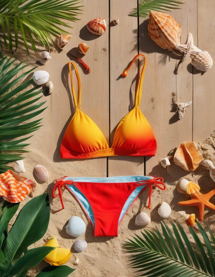 A stylish beachwear display elegantly arranged with colorful bikinis and vibrant beach accessories, set against a sunlit wooden backdrop. Include playful elements like seashells and sand scattered around, showcasing creativity in organization. Add lively tropical plants to enhance the beach vibe. super-realistic. vibrant colors. sunlit background.